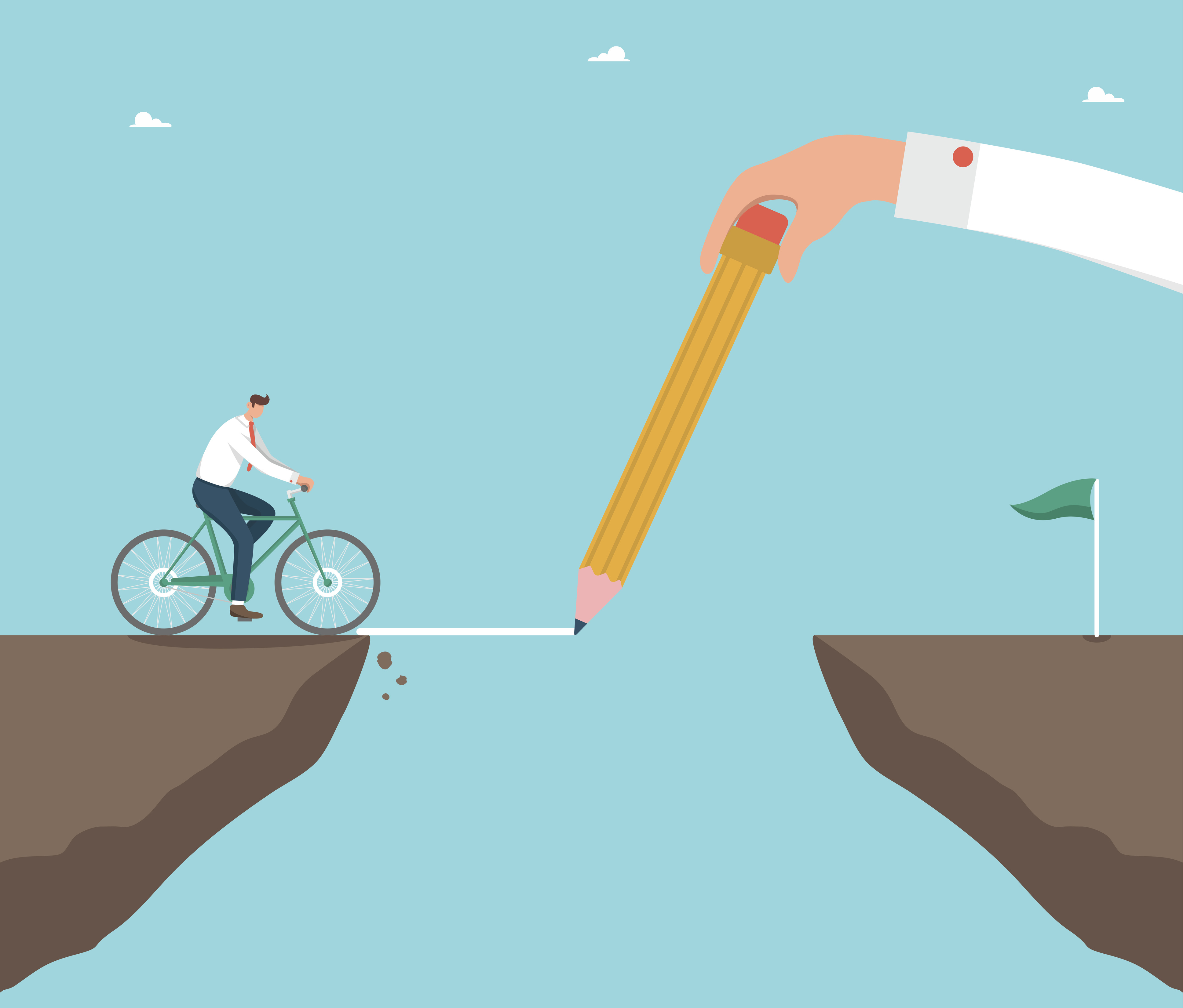 A man on a bicycle approaches a gap in a road that a giant pencil held by a giant hand is filling in. 