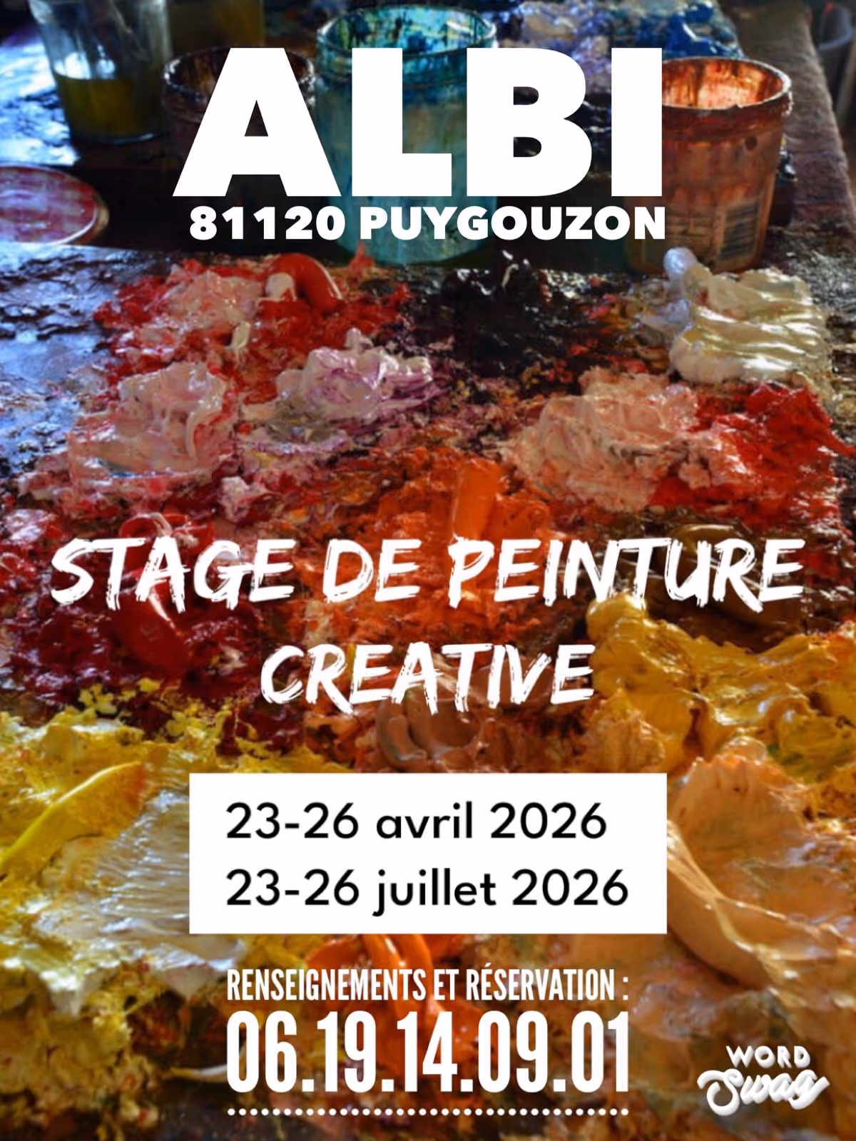 Stage de peinture créative à Albi, Puygouzon - affiche et matériaux artistiques