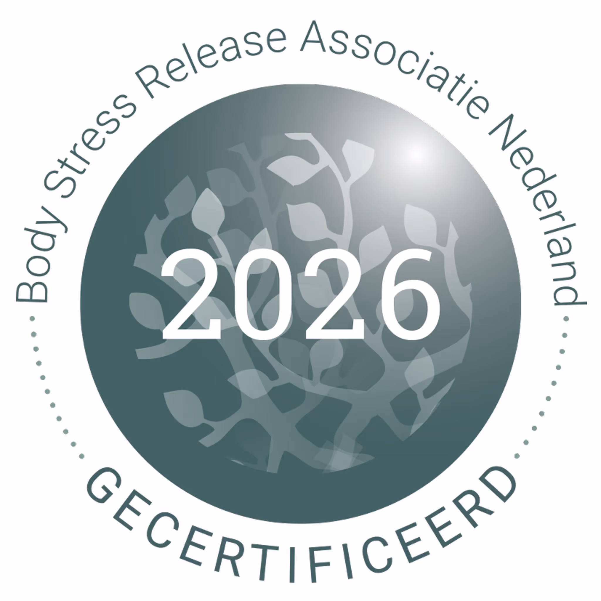 Keurmerk met daarin "Body Stress Release Associate Nederland 2026 gecertificeerd"