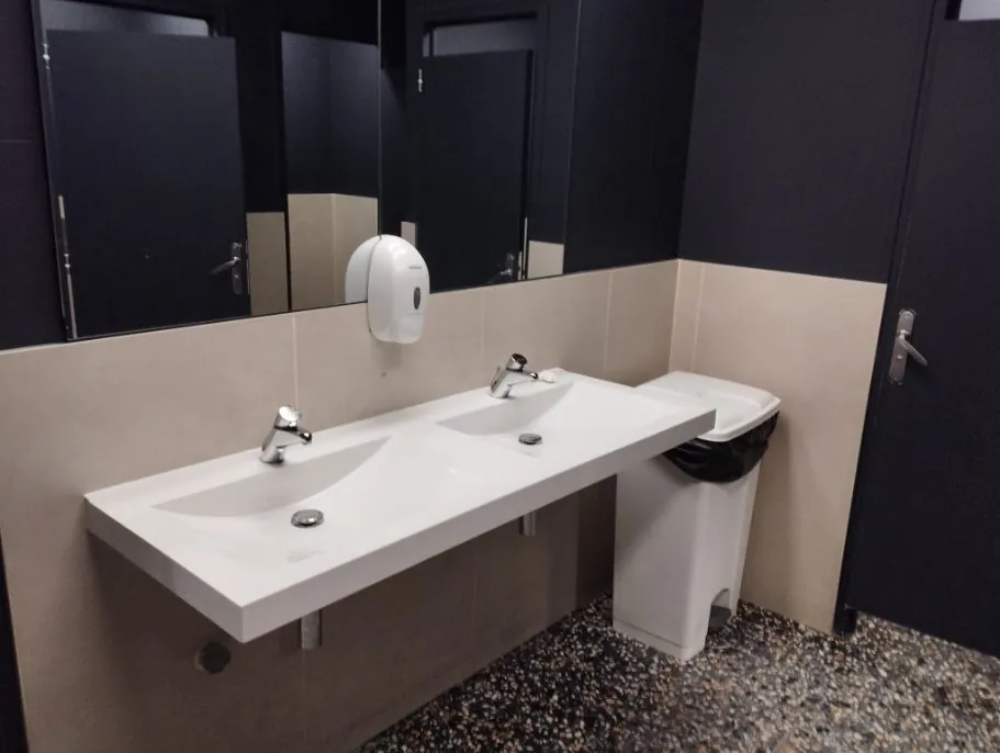 Double vasque suspendue en Solid Surface avec robinetterie chromée, miroir mural et cloisons anthracite dans sanitaires collectifs