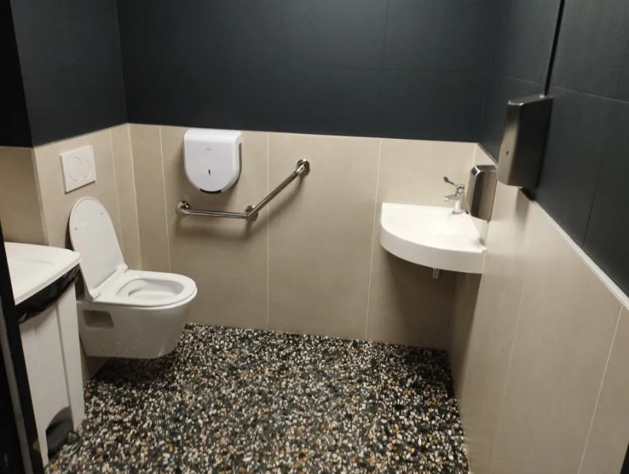 WC PMR design avec murs anthracite, carrelage beige, barre d'appui chromée, lave-mains et sol en galets