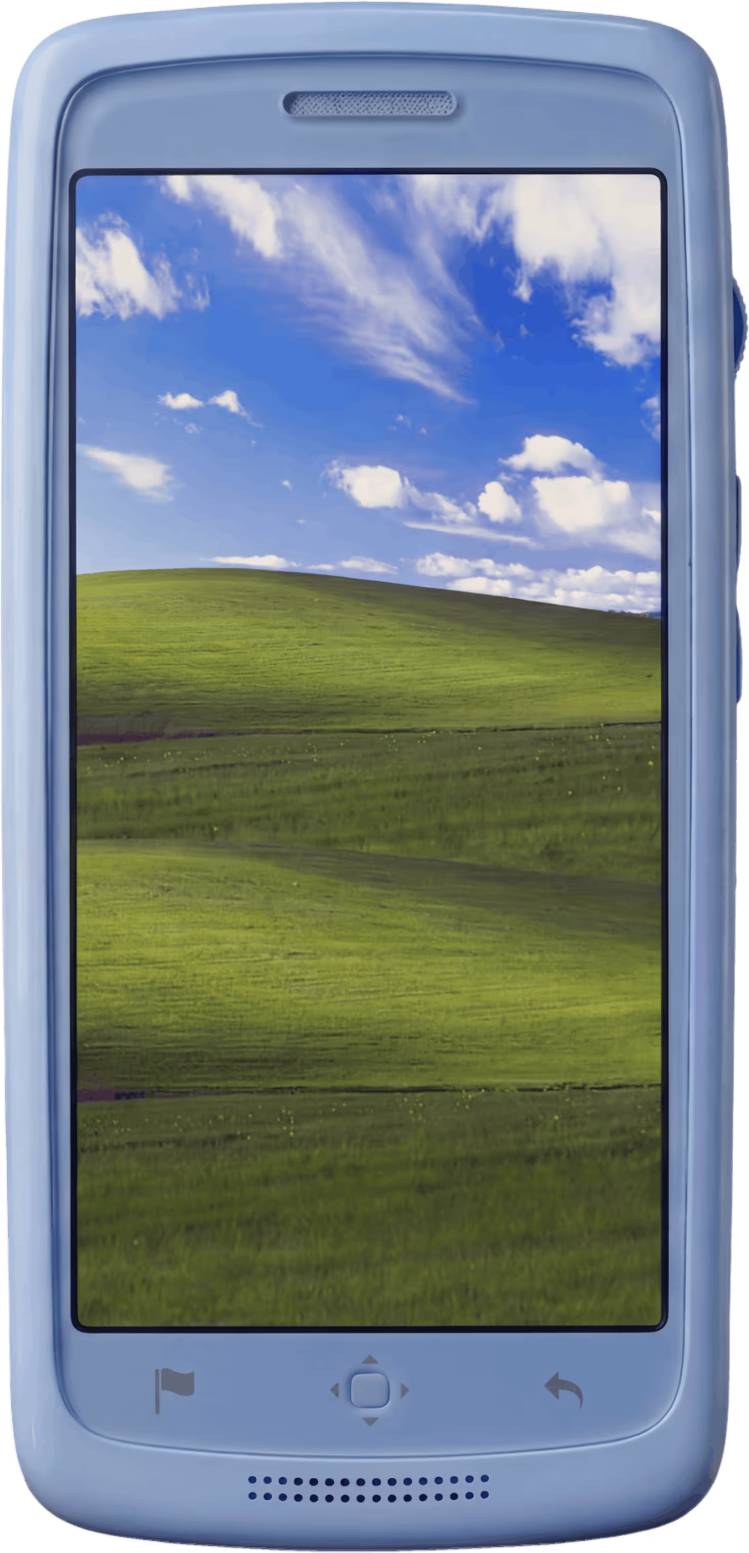 Light blue smartphone displaying the Windows XP default Bliss wallpaper with green rolling hills and a partly cloudy blue sky.