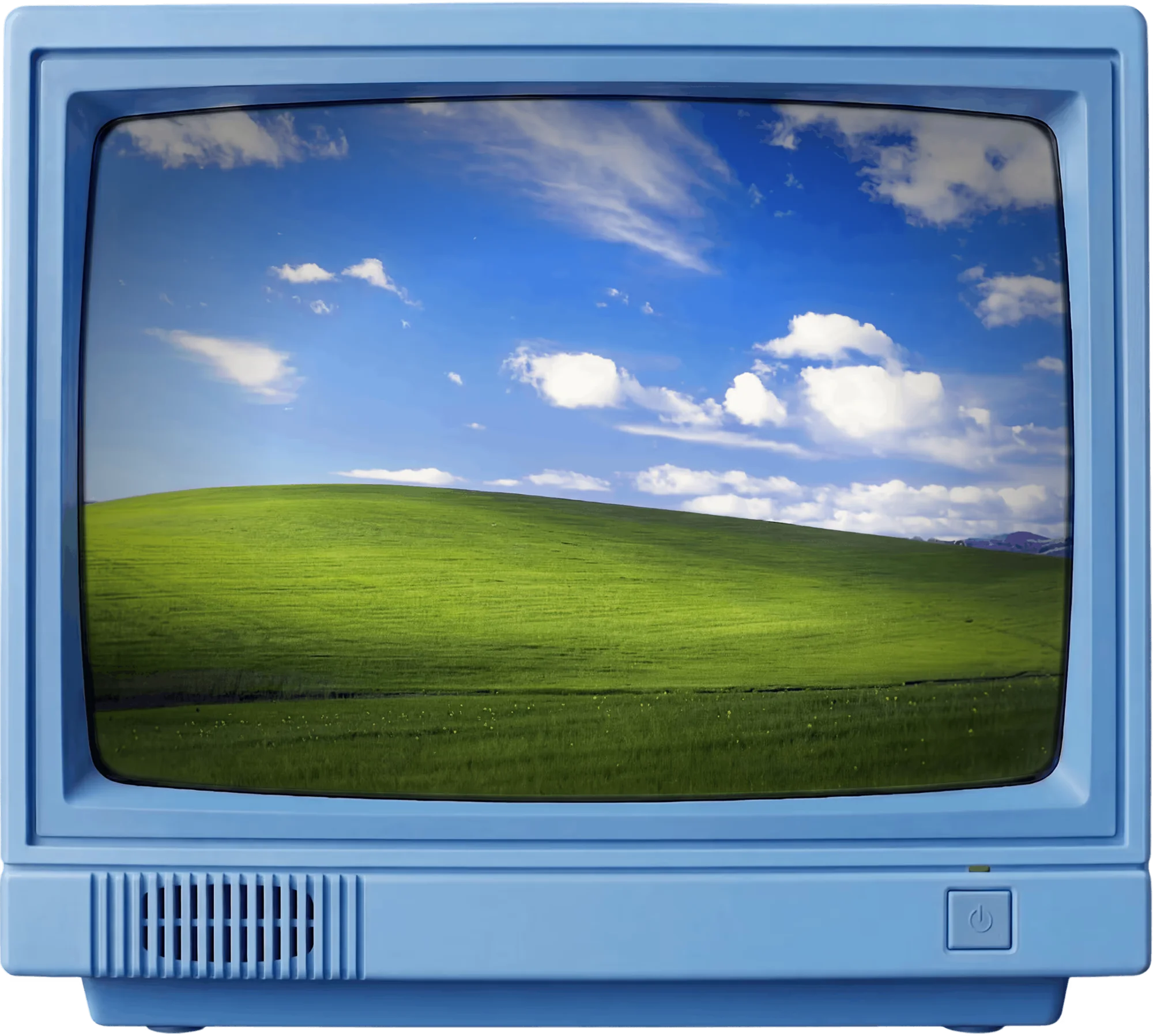 Blue vintage CRT monitor displaying green rolling hills under a blue sky with scattered white clouds.