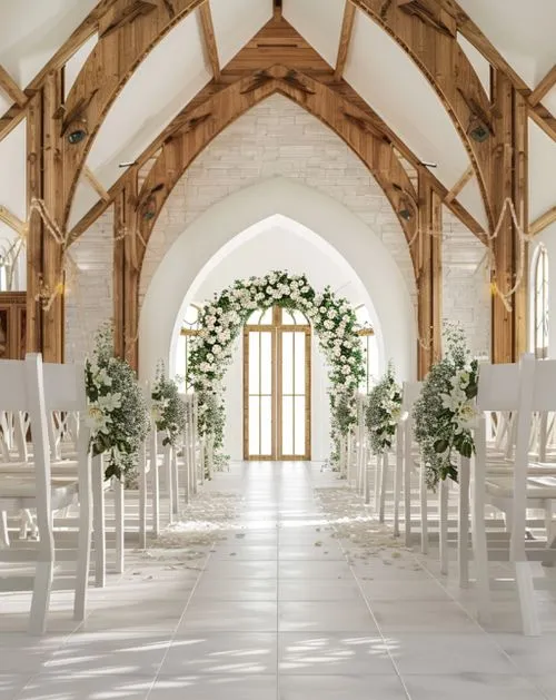 Interior de igreja decorada para casamento com arco de flores brancas na entrada e cadeiras brancas alinhadas com arranjos florais.