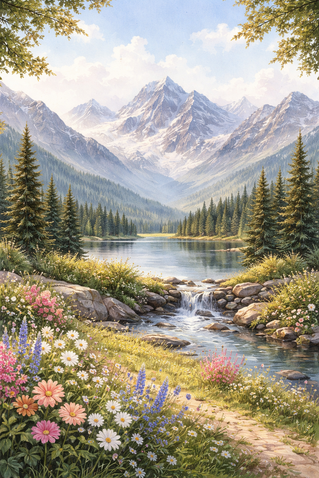 Paisagem serena com flores coloridas em primeiro plano, pinheiros, riacho com pequena cachoeira e montanhas com picos nevados ao fundo.