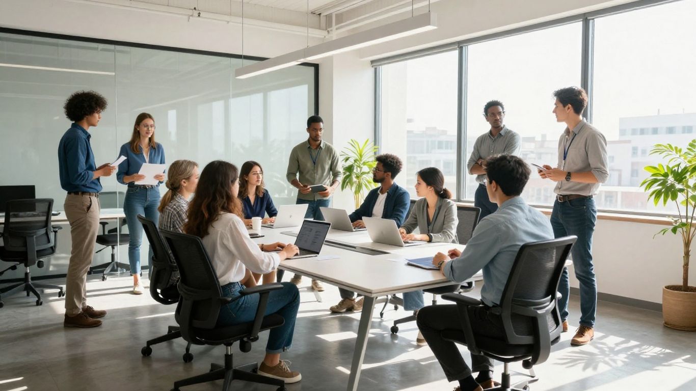 Team collaborating in a modern office, discussing growth strategy.