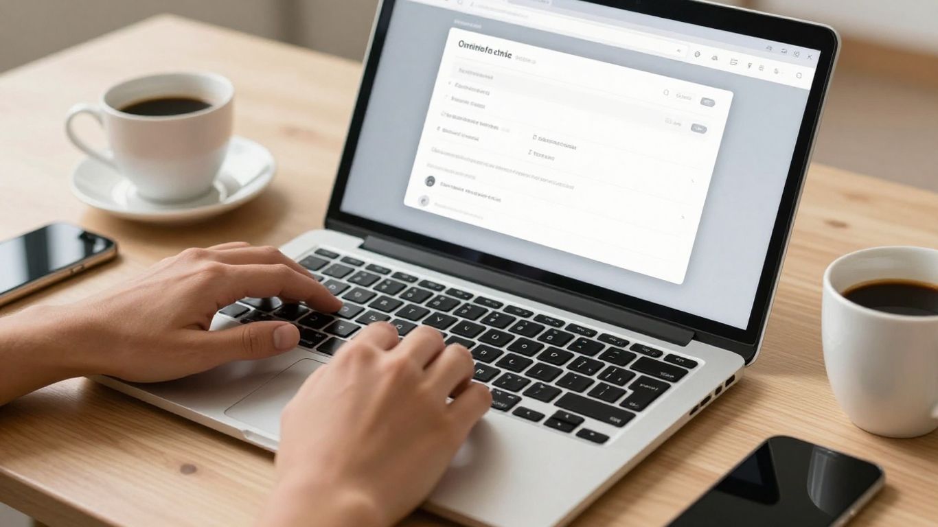 Hands filling online form on laptop with coffee nearby.