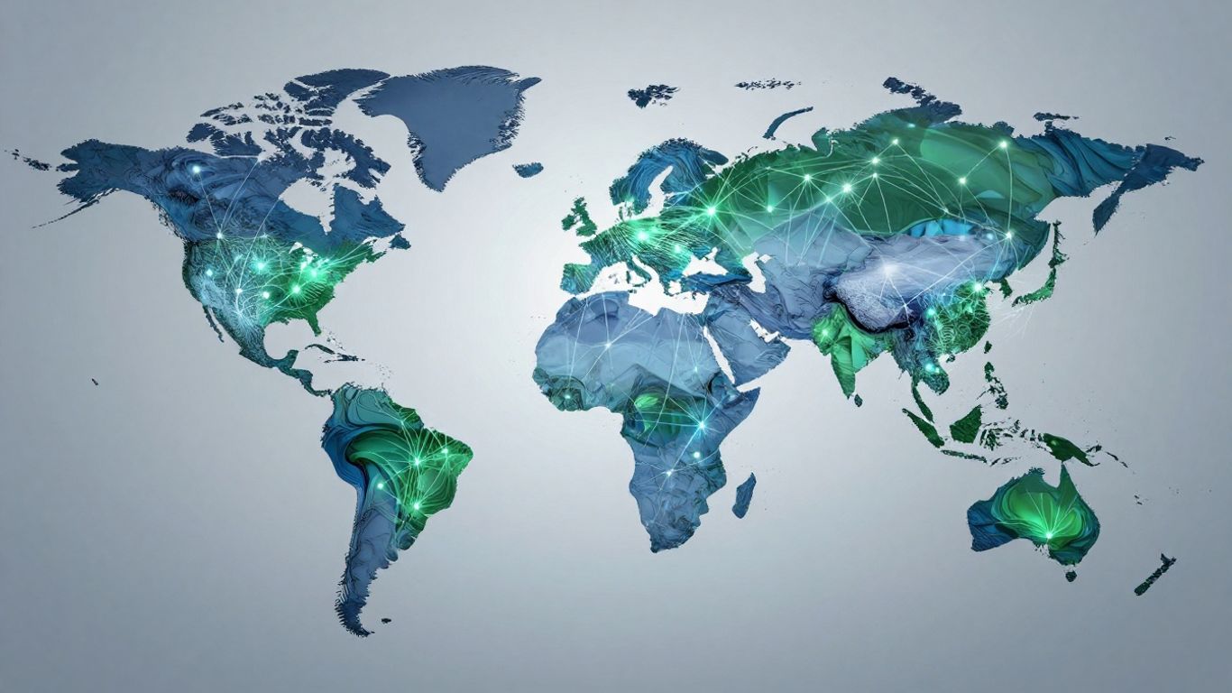 Global map with interconnected lines and glowing points.