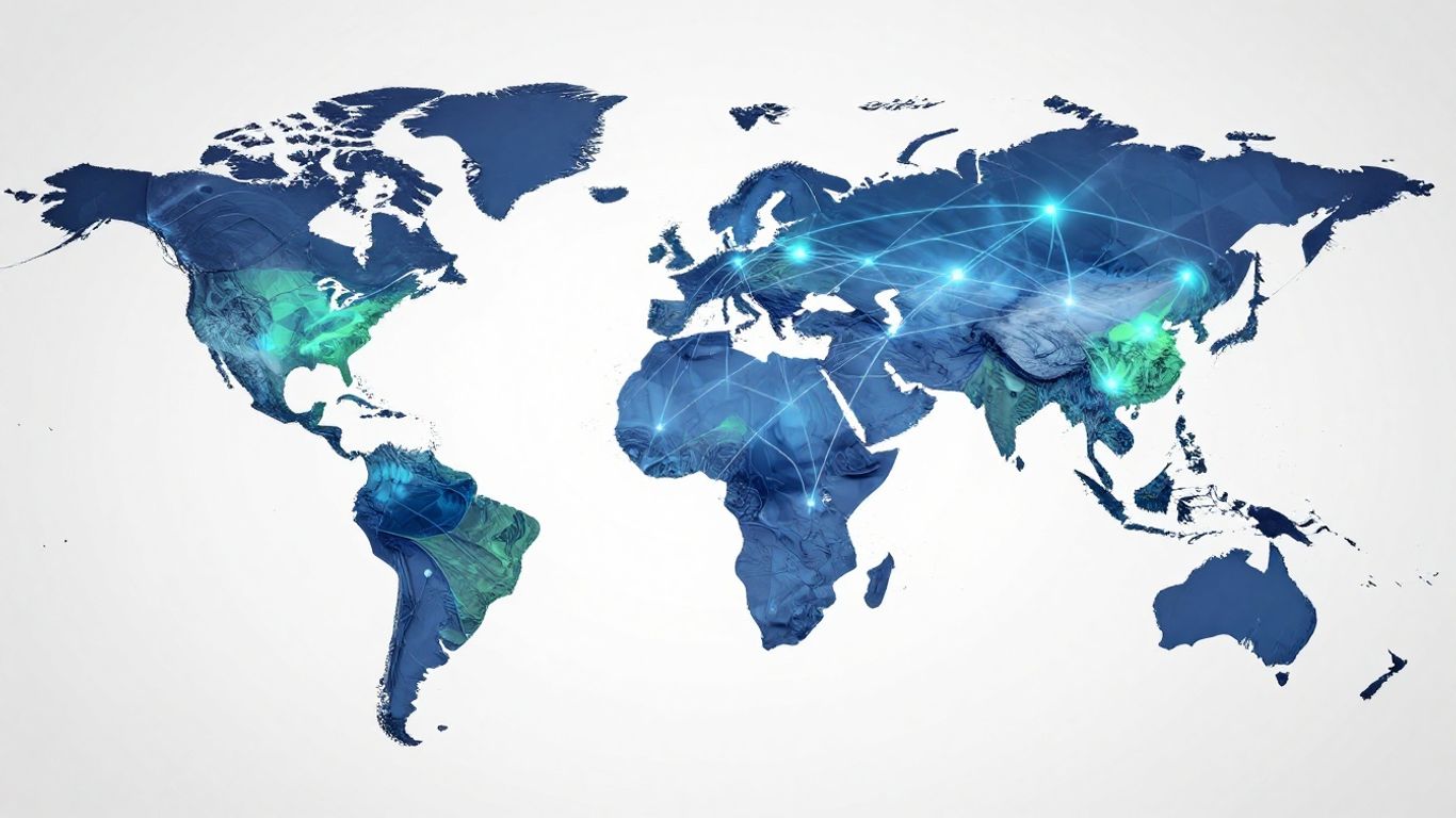 Global map with interconnected lines and glowing points.