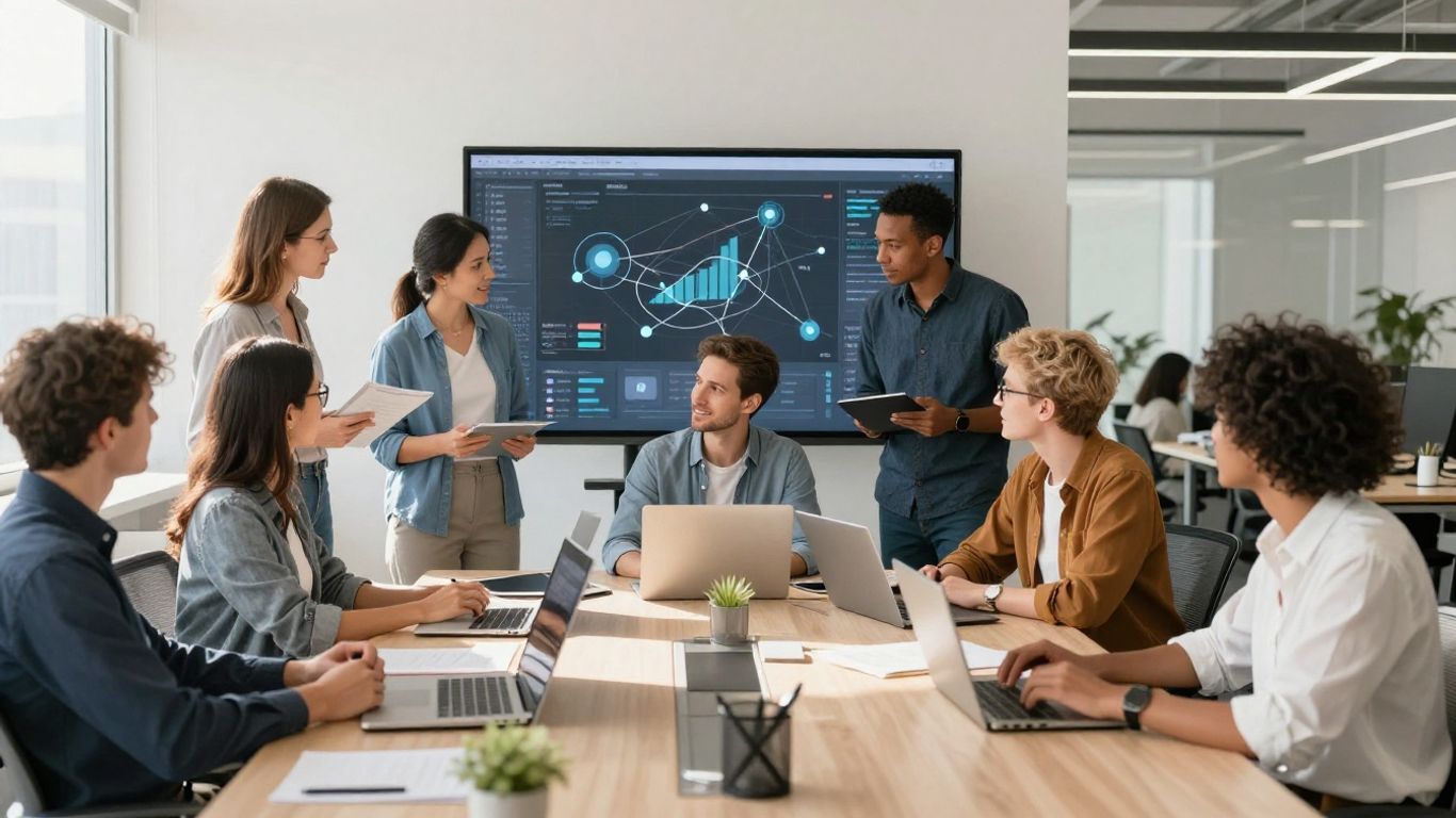 Team collaborating on digital interface for B2B SaaS growth