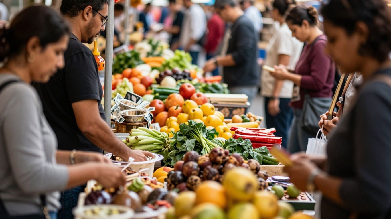 Vibrant marketplace scene with produce and crafts.