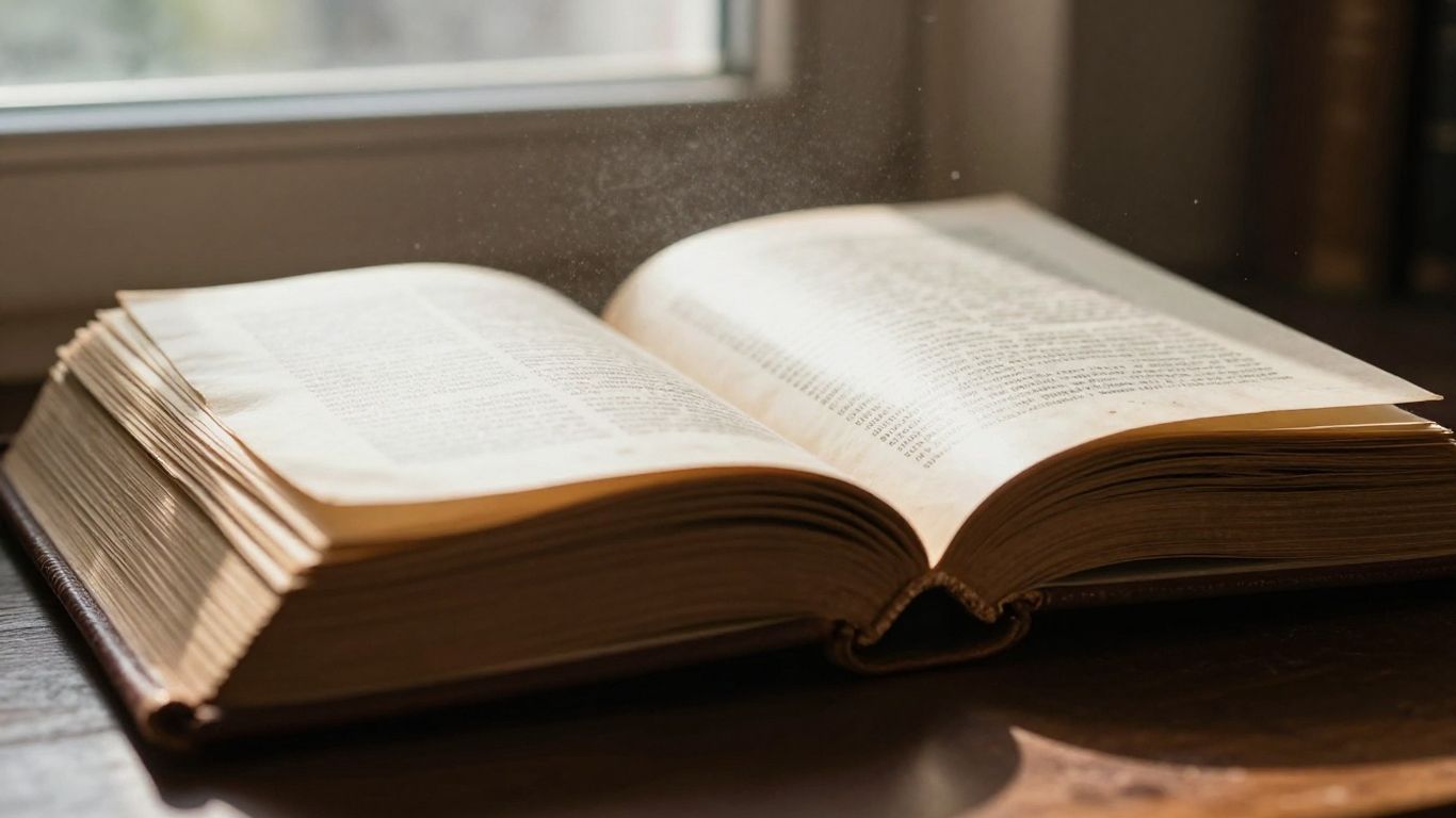 An old, open book with gilded pages illuminated by sunlight.