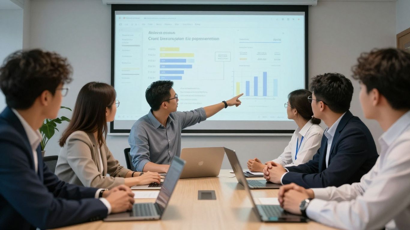 Team discussing marketing strategy with data visualizations.