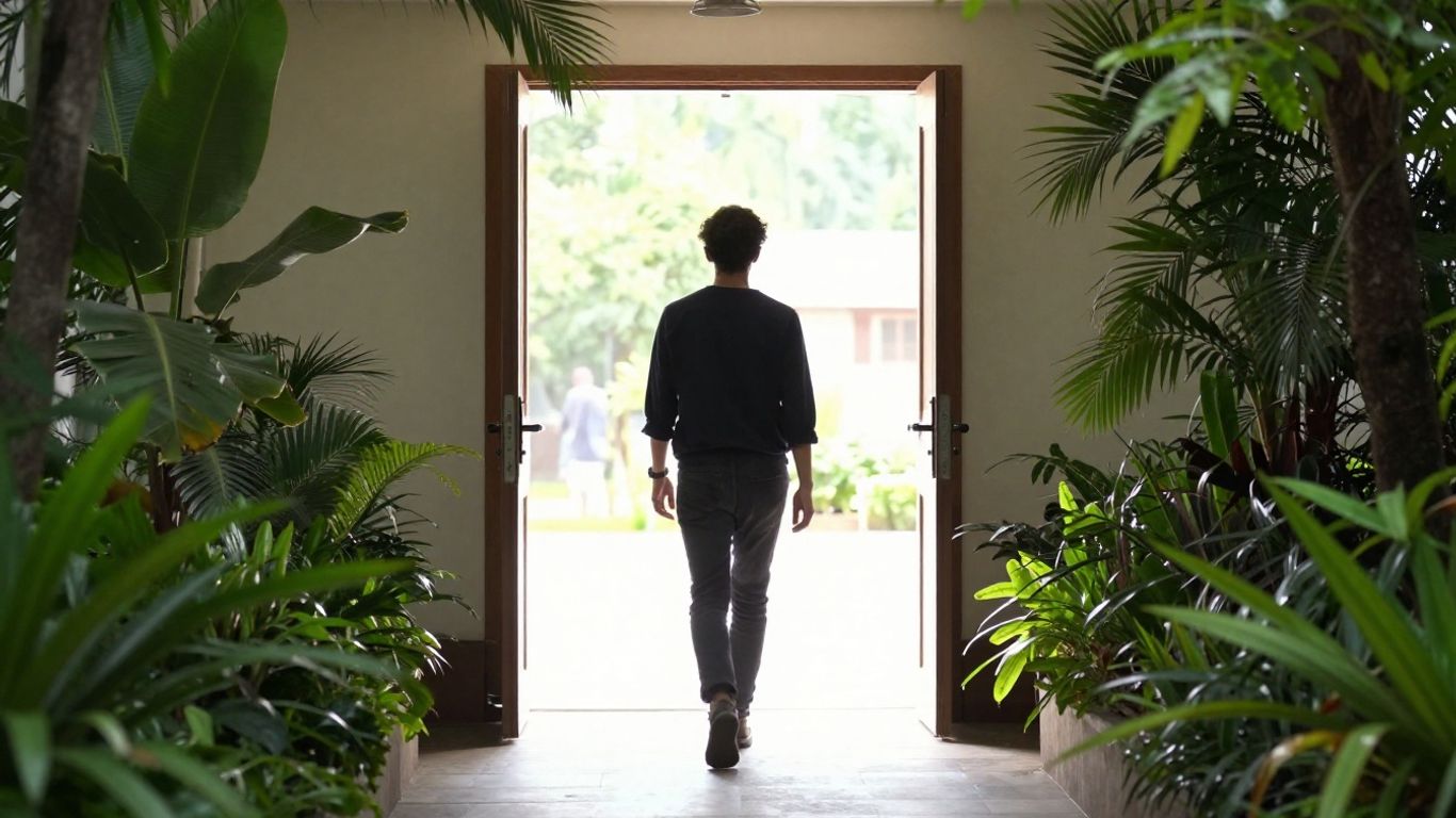 Person walking towards a bright, open doorway.