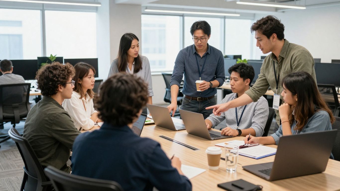 Team collaborating in a bright, modern office environment.