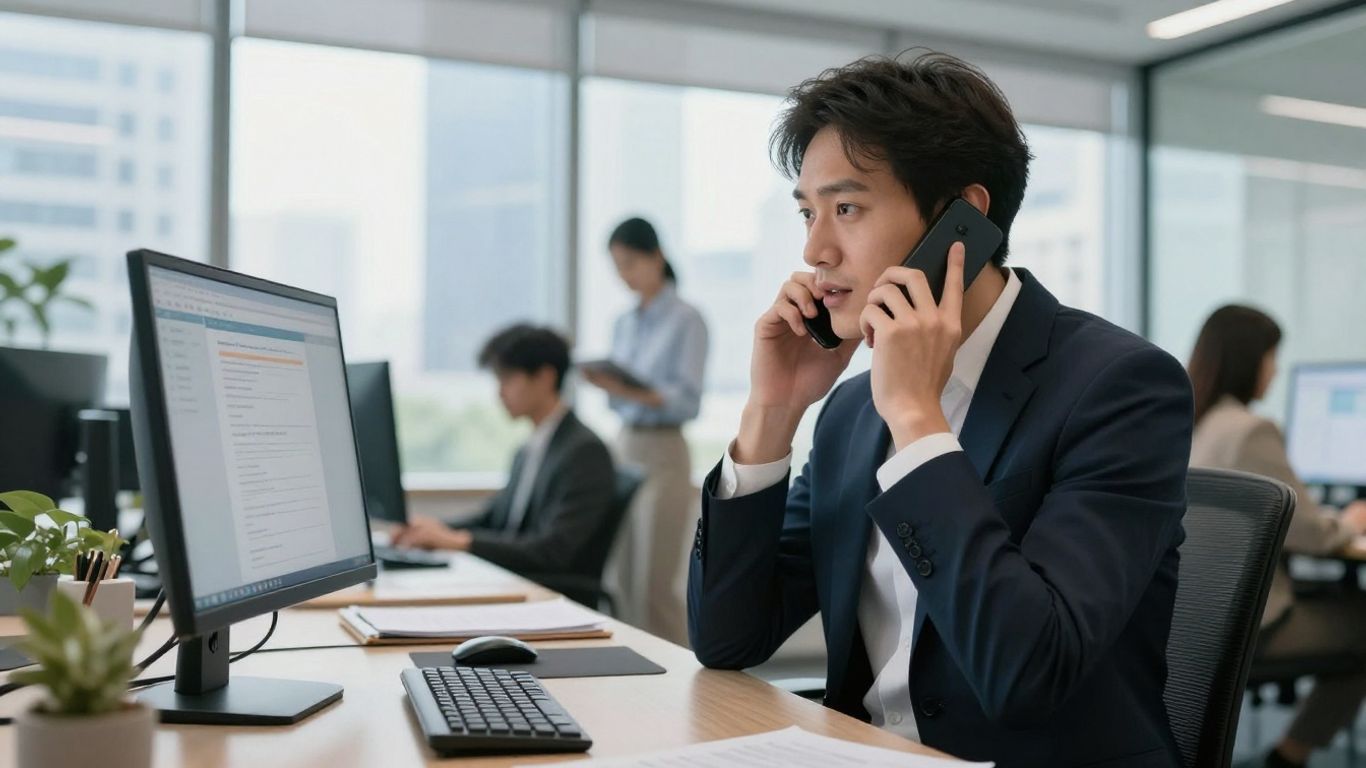 Marketer making calls from a modern office