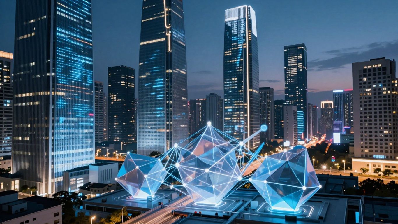 Fintech demand generation abstract cityscape with digital streams