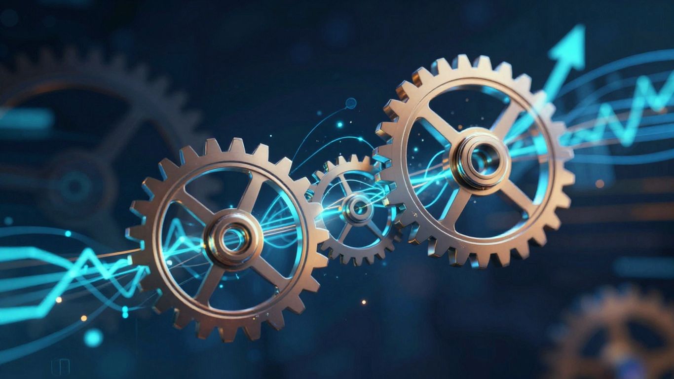 Fintech revenue engine with digital gears and data flow.