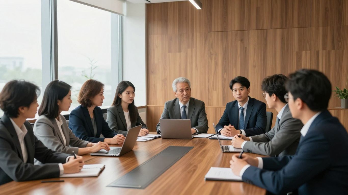 Boardroom meeting with executives discussing strategy.