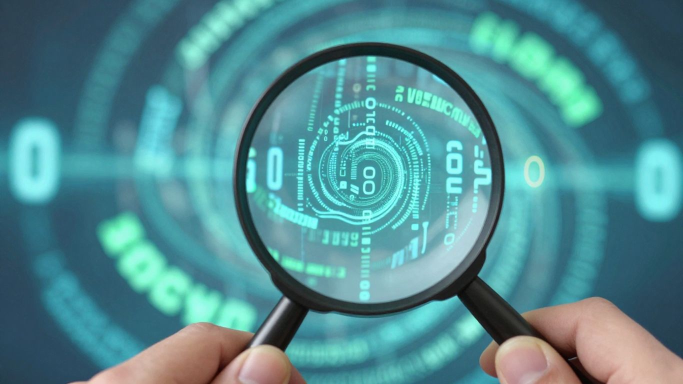 Magnifying glass over glowing data points, predicting revenue.