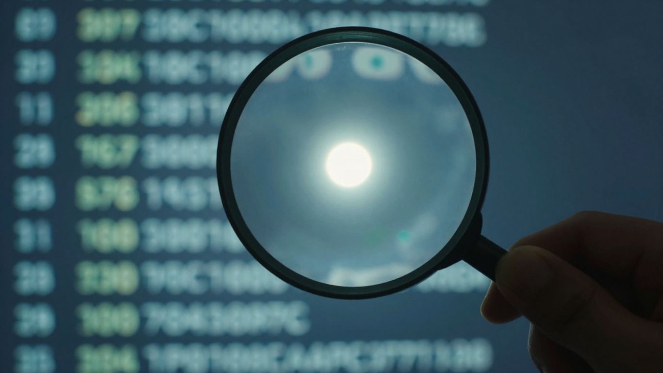 Magnifying glass focusing on glowing data point.