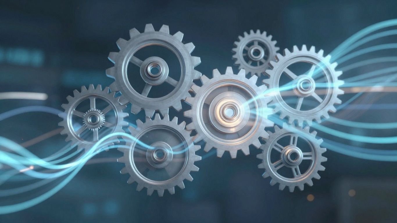 Interconnected gears and digital streams symbolizing SaaS growth.