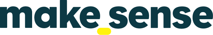 Texte stylisé 'make sense' en lettres minuscules avec un point jaune sous le 'e'.