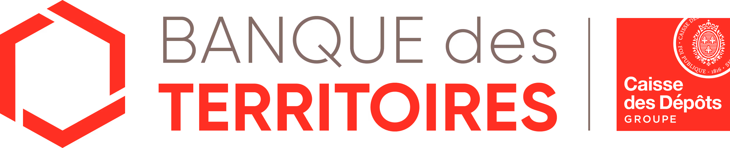 Logo de la Banque des Territoires avec un hexagone rouge et l'emblème du groupe Caisse des Dépôts.