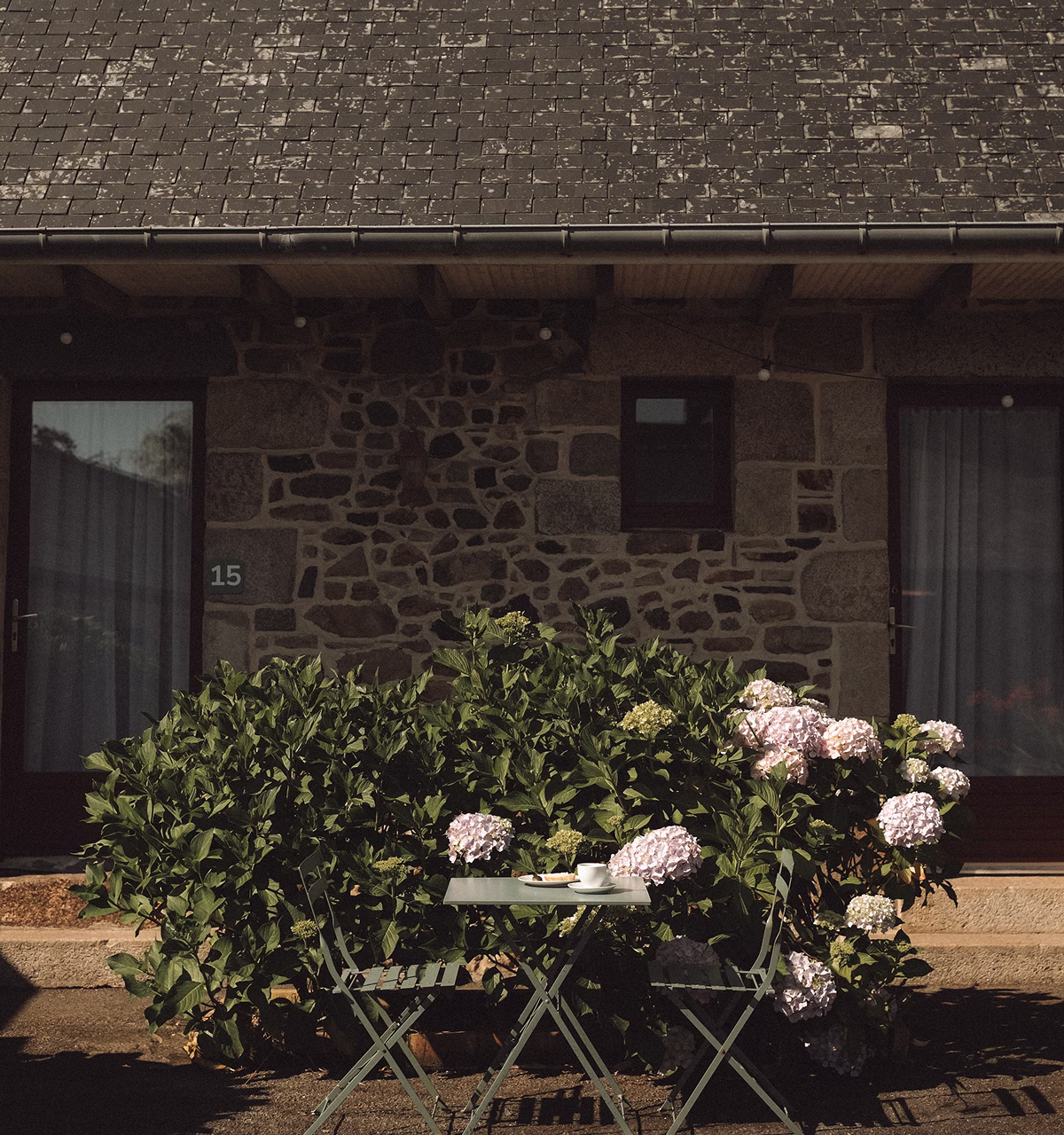 Une table avec deux chaises pliantes métalliques vert pâle devant une haie de buissons à fleurs roses, avec un mur en pierre de maison en arrière-plan.