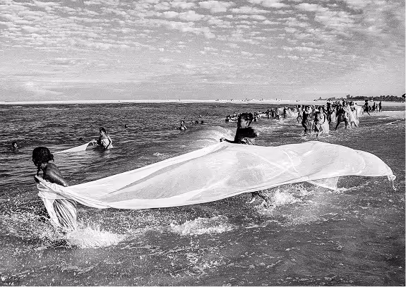 Groupe de personnes à la plage tirant un grand filet dans l'eau sous un ciel nuageux.