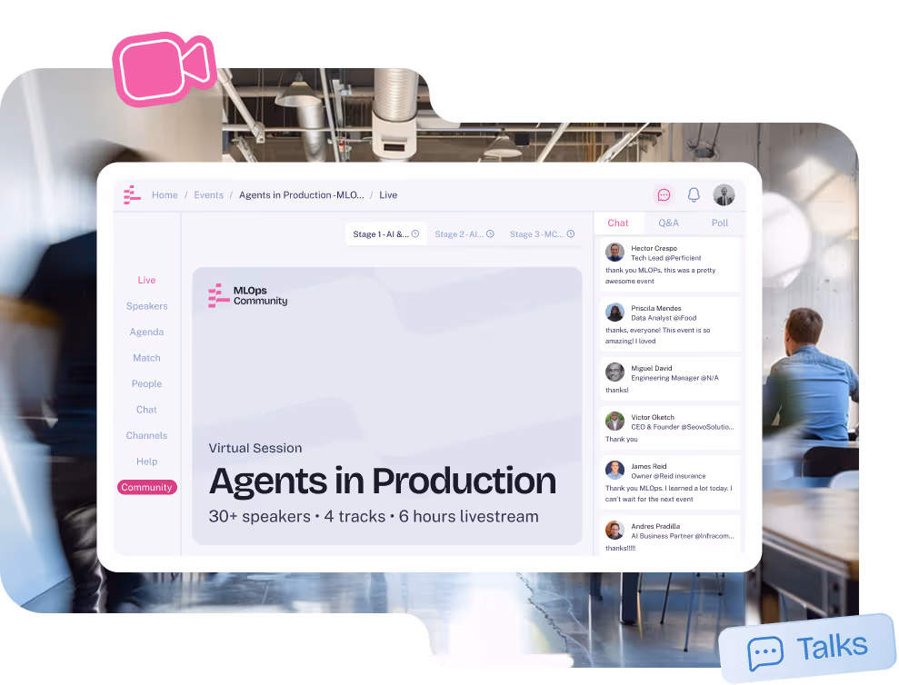 Online MLOps event page showing AI Rewind 2025 virtual session with live chat