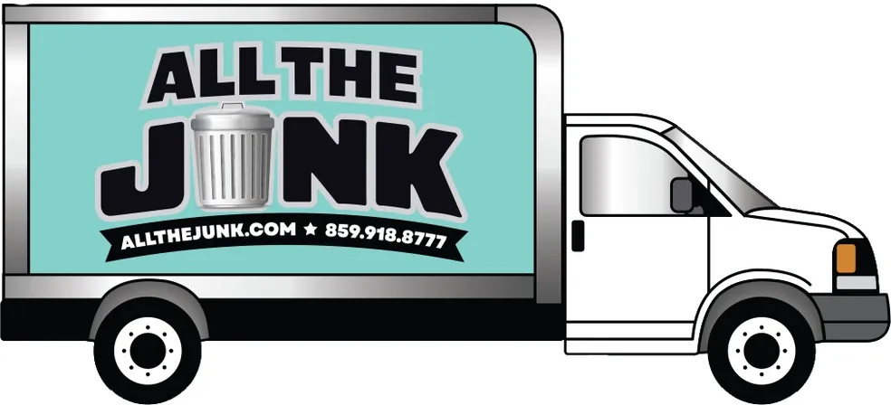 Cartoon image of a white junk removal truck with a turquoise container displaying 'ALL THE JUNK' with a trash can icon replacing the letter O, the website allthejunk.com, and a phone number.
