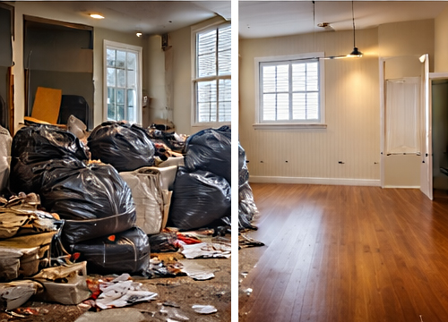 Side-by-side images showing a cluttered, dirty room filled with trash bags and debris on the left and the same room clean and empty with wooden flooring on the right.