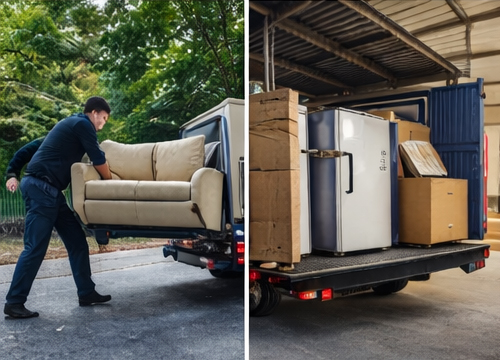 Left: A man loading a beige sofa into a moving truck outdoors. Right: The back of a moving truck loaded with a refrigerator, boxes, and other furniture inside a warehouse.