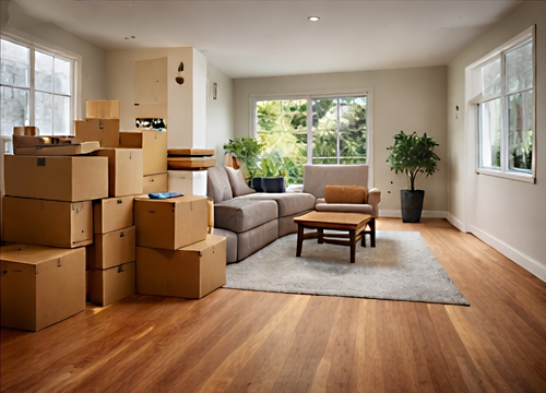 Living room with stacked moving boxes, a gray sectional sofa, wooden coffee table, and potted plants near large windows.
