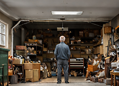 Man standing in a cluttered garage filled with boxes, shelves, and various shoes and items.