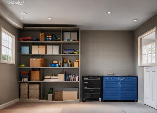 Organized basement storage with open shelving filled with boxes and supplies, next to a blue tool cabinet and black rolling drawer unit.