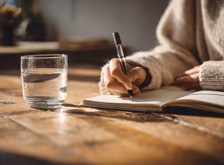 Person wearing a cozy sweater writing in a notebook on a wooden table next to a glass of water.