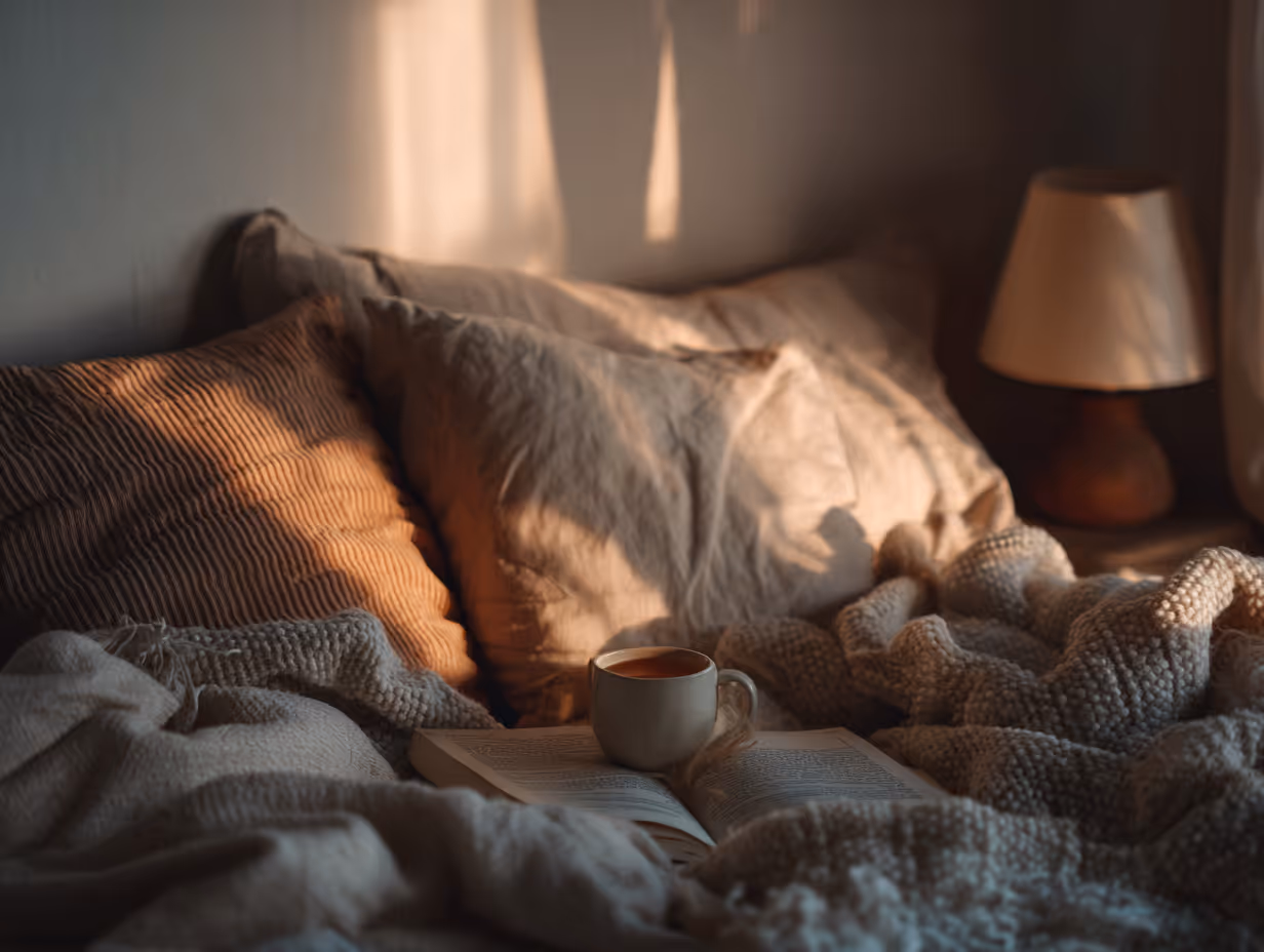 Cozy bed with textured beige and brown pillows, a knitted blanket, an open book, and a cup of tea in warm sunlight.