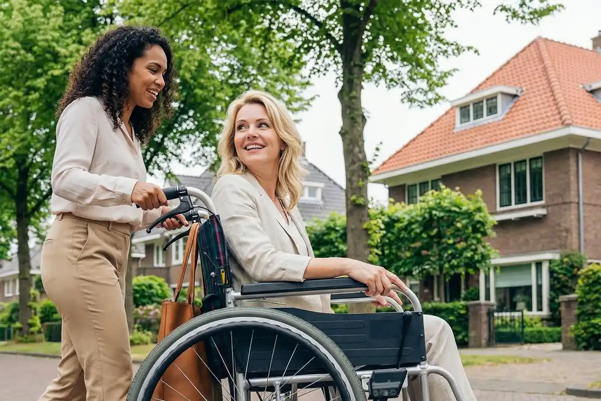 Zorgverlener begeleidt vrouw in rolstoel door groene woonwijk. Artikel over hoe AI de thuiszorg kan verbeteren.