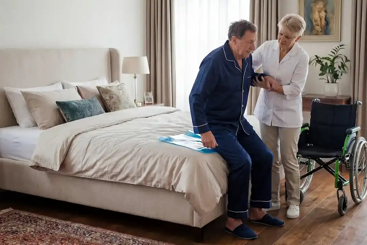 Zorgverlener helpt man in pyjama van bed naar rolstoel in slaapkamer. Over revalidatie thuis na een beroerte.