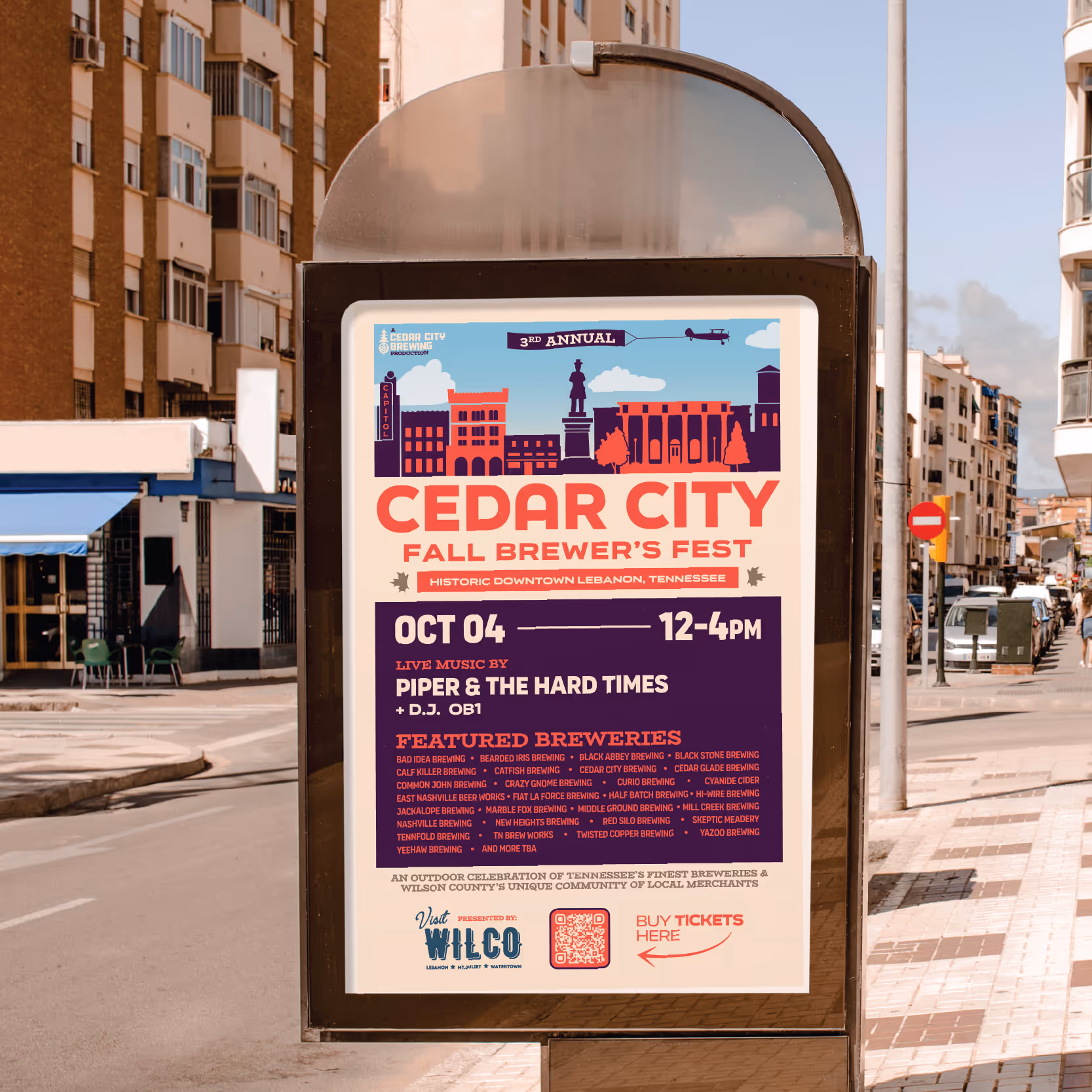 Poster for 3rd Annual Cedar City Fall Brewer's Fest in Historic Downtown Lebanon, Tennessee, featuring live music by Piper & The Hard Times, event date Oct 4 from 12-4 PM, and a list of featured breweries.