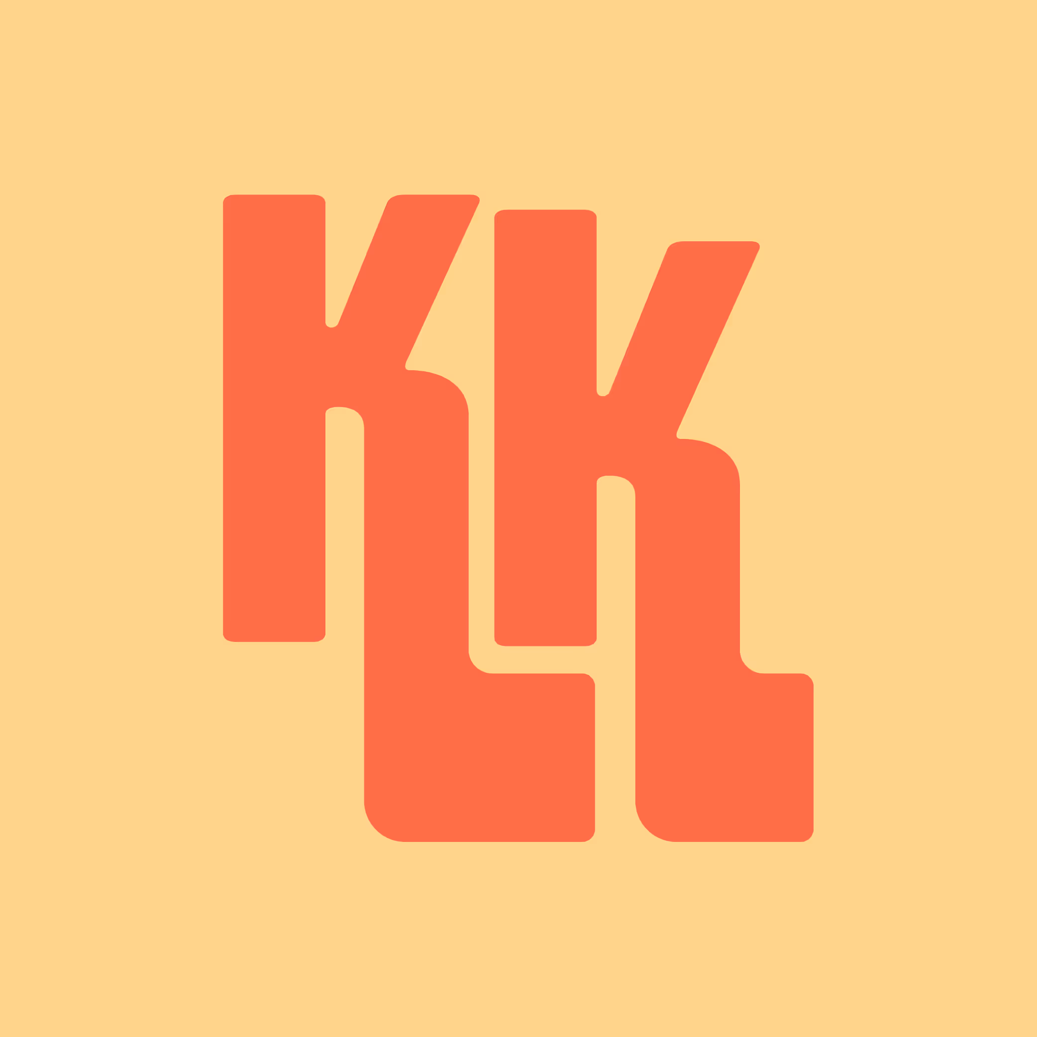 Stylized red letters 'KLK' arranged vertically on a light orange background.