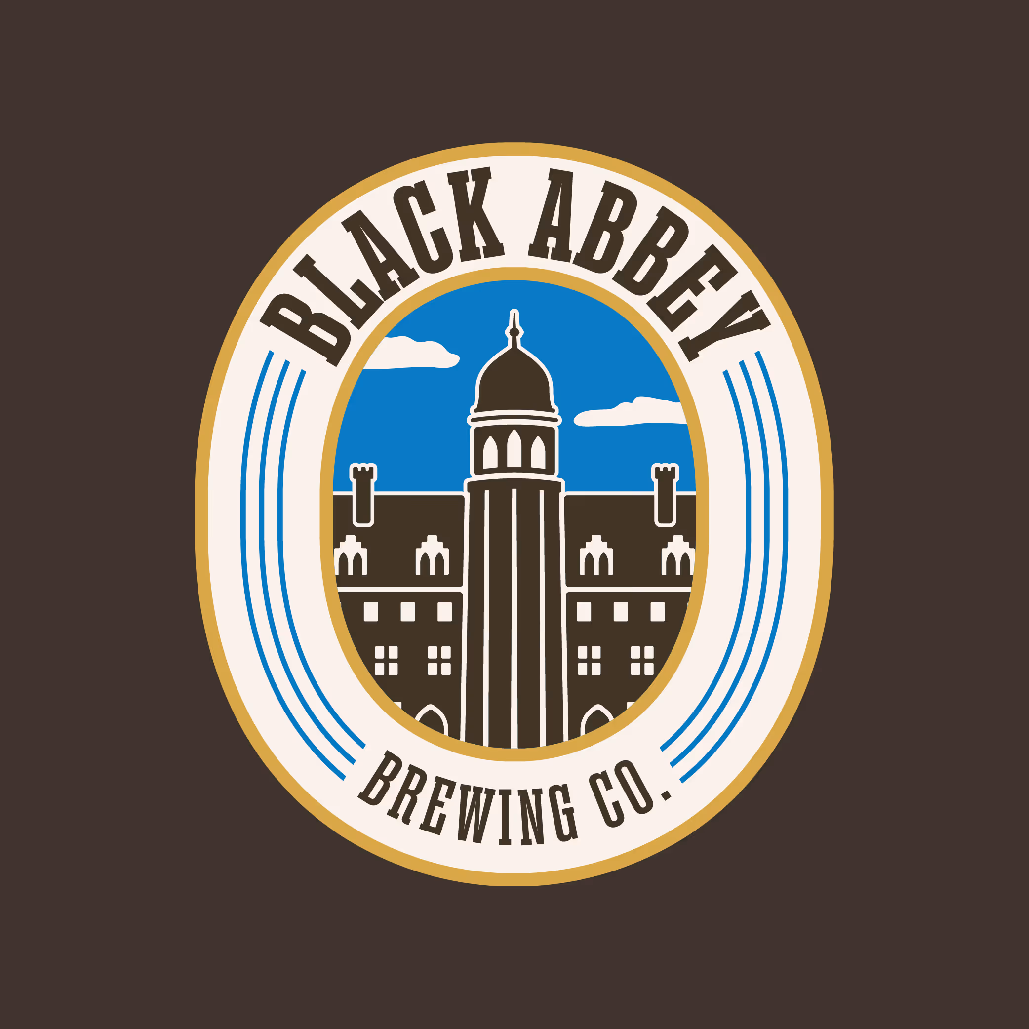 Black Abbey Brewing Co. logo featuring a stylized abbey tower with clouds and blue sky in an oval frame with gold border.