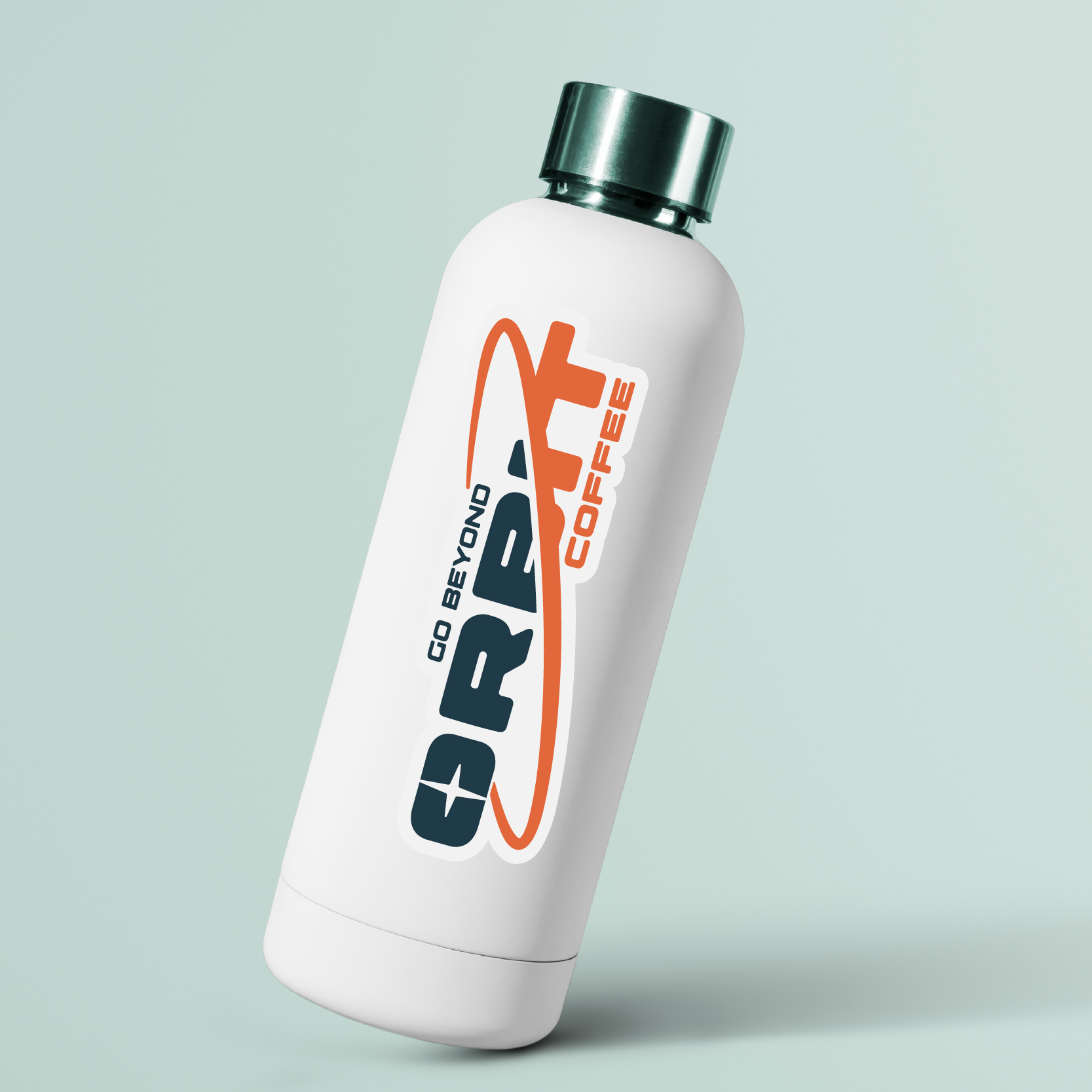 White insulated bottle with black lid featuring the label 'Go Beyond Orbit Coffee' in bold black and orange text.