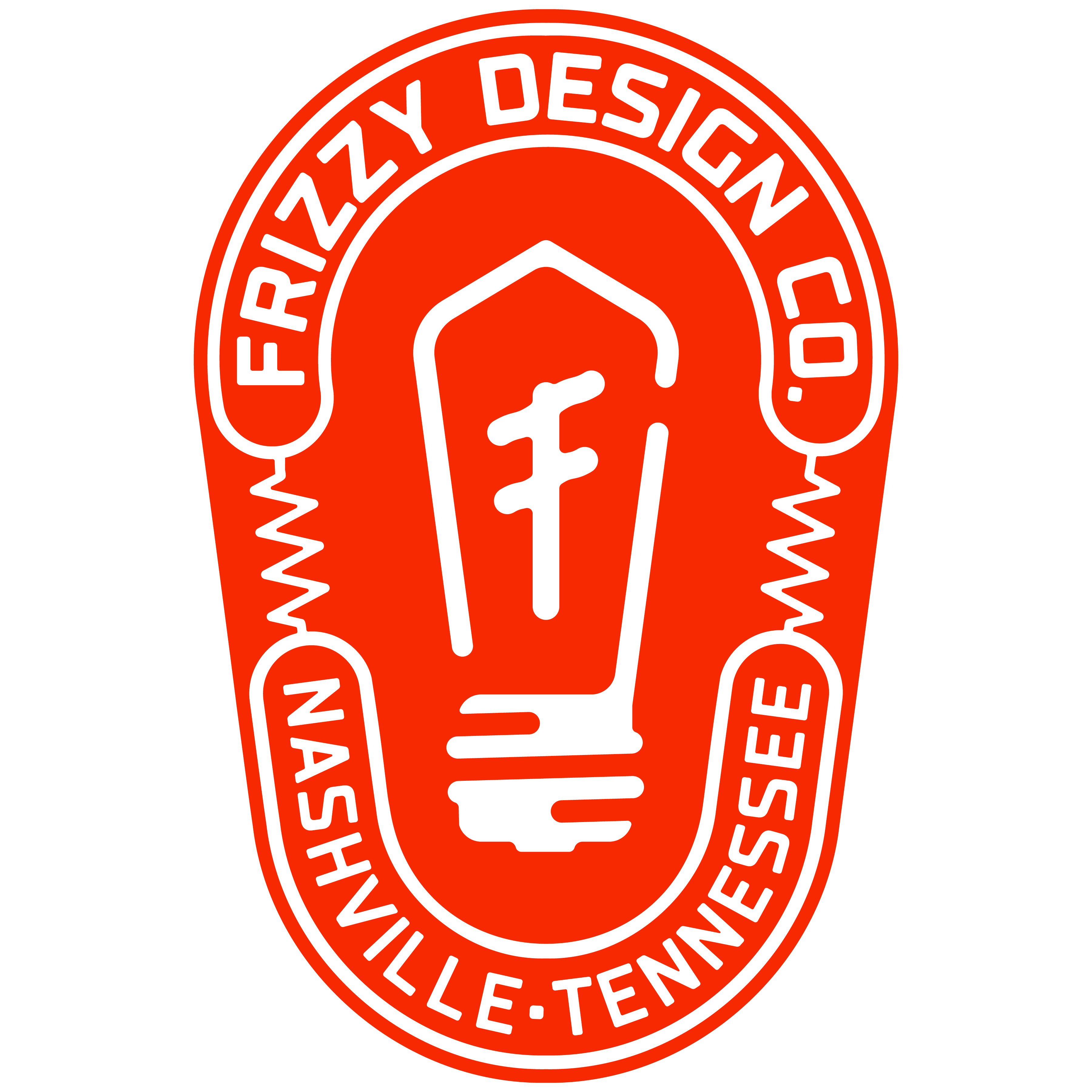 Red and black Frizzy Design Co. logo with a stylized light bulb and the text Nashville, Tennessee.