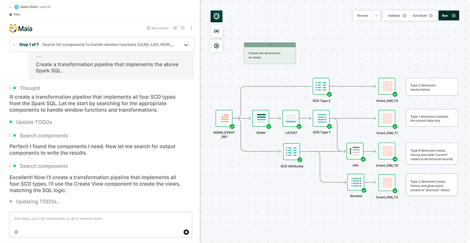 Screenshot of Maia app showing a step-by-step pipeline creation interface on the left and a visual workflow diagram on the right that handles SCD types with components like NORM_EVENT_REF, RANK, LATEST, SCD Types, joins, and dimension events.