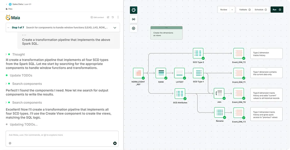 Screenshot of Maia app showing a step-by-step pipeline creation interface on the left and a visual workflow diagram on the right that handles SCD types with components like NORM_EVENT_REF, RANK, LATEST, SCD Types, joins, and dimension events.