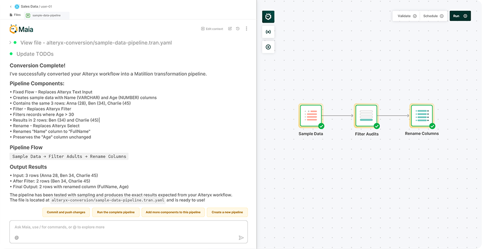 User interface of Maia showing a converted pipeline with components: Sample Data, Filter Audits, Rename Columns, and detailed conversion summary on the left.