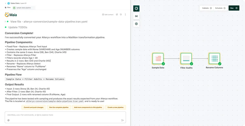 User interface of Maia showing a converted pipeline with components: Sample Data, Filter Audits, Rename Columns, and detailed conversion summary on the left.